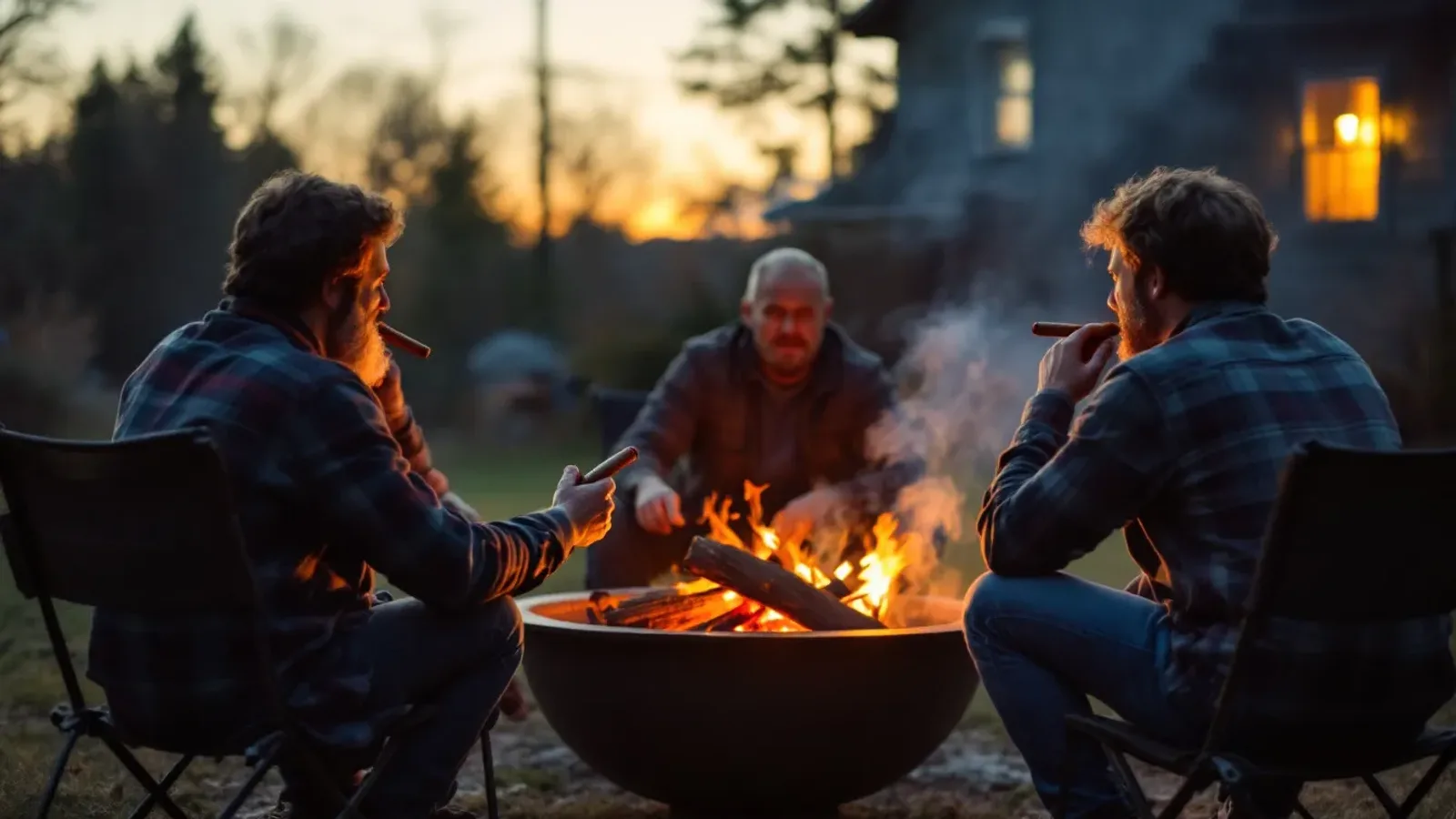 Three people around a backyard fire pit at dusk holding cigars, viewed from behind