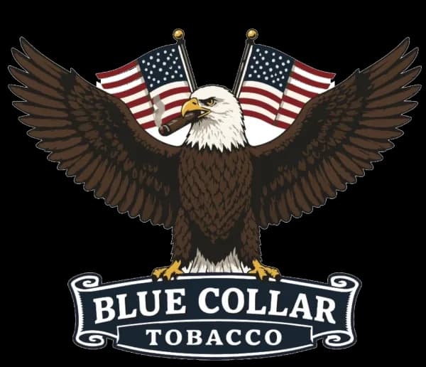 Blue Collar Tobacco logo — a bald eagle holding a cigar between two American flags above a Blue Collar Tobacco banner