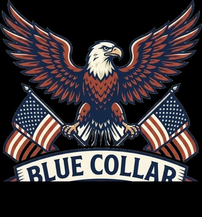 Blue Collar Tobacco Company emblem — bald eagle with spread wings holding two American flags above a ribbon banner