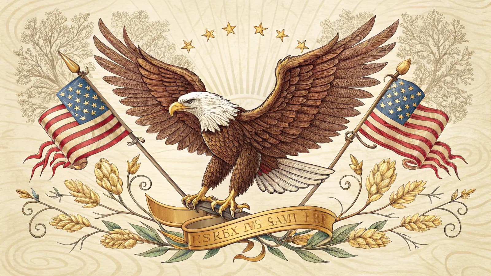 Blue Collar Tobacco eagle emblem with American flags and gold banner, hand-illustrated label style on cream parchment
