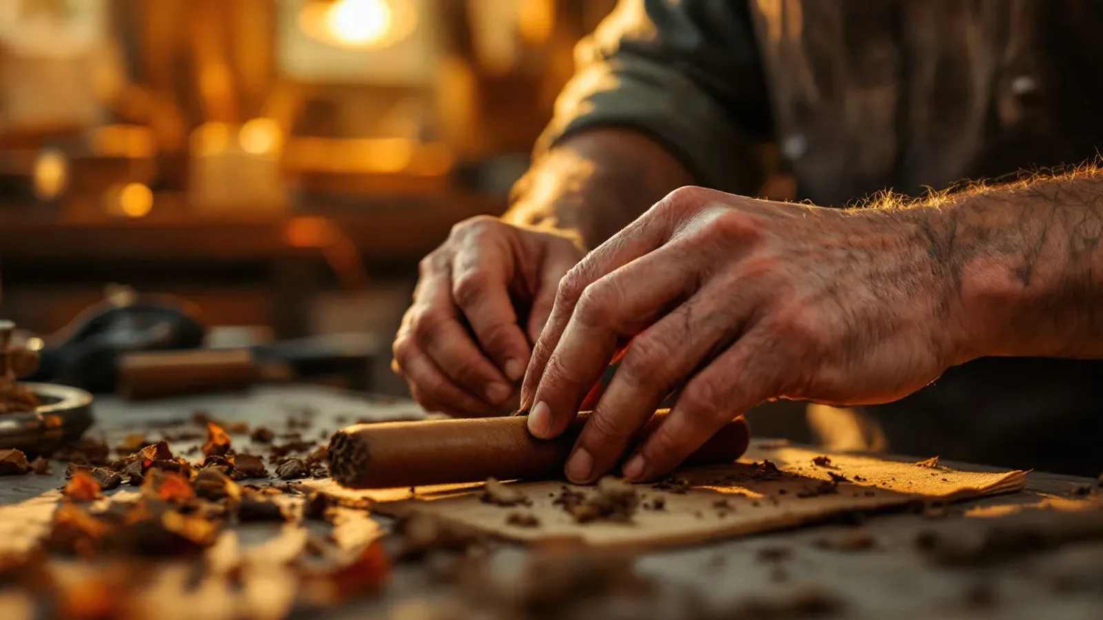 Weathered hands hand-rolling a cigar on a wooden workshop bench in warm golden light