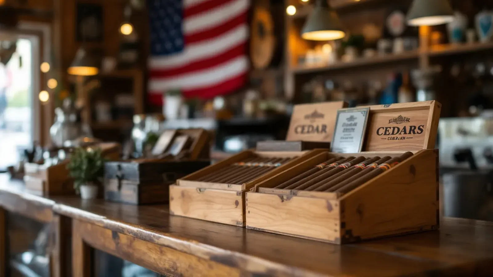 Retailer display case with Blue Collar Tobacco cedar cigar boxes on a small-town shop counter